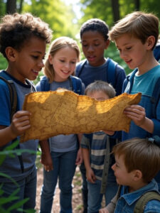 Enfants suivant une carte au trésor